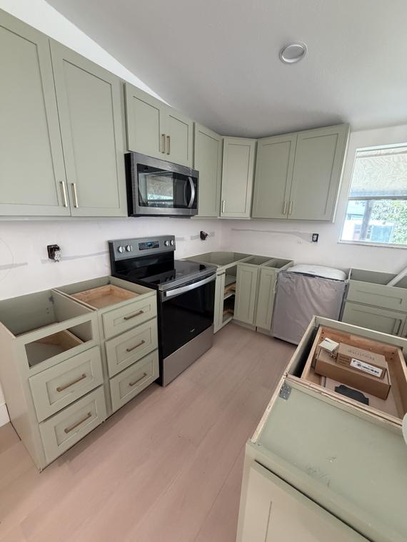 Cabinetry and appliances set, hardware still to come
